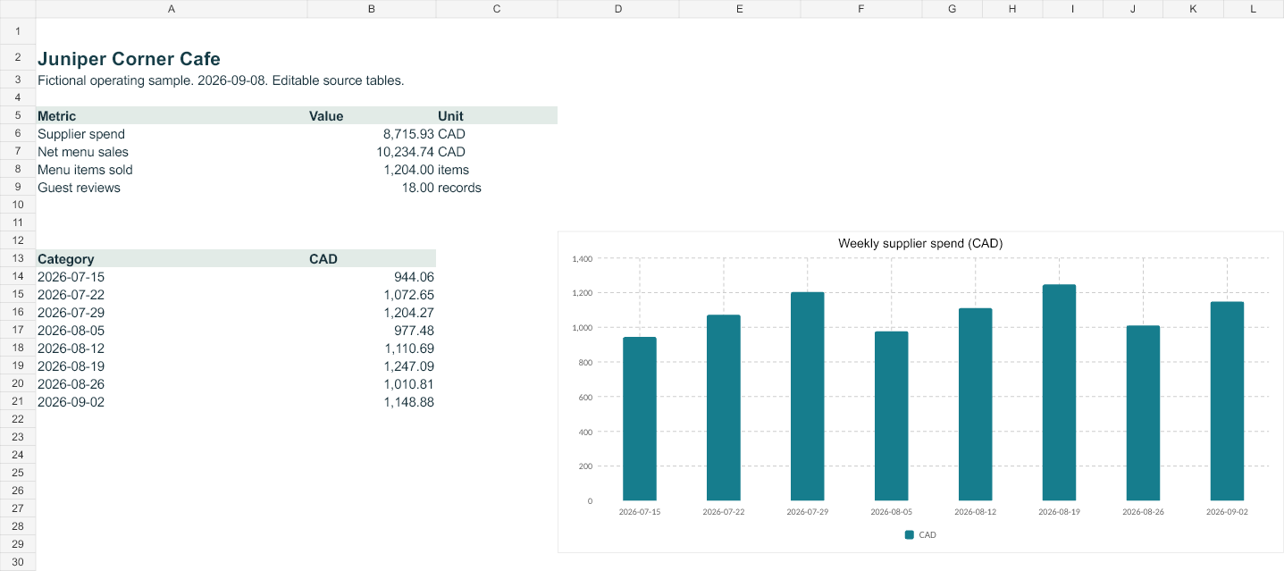 Rendered preview of Juniper Corner Cafe — Editable operating workbook