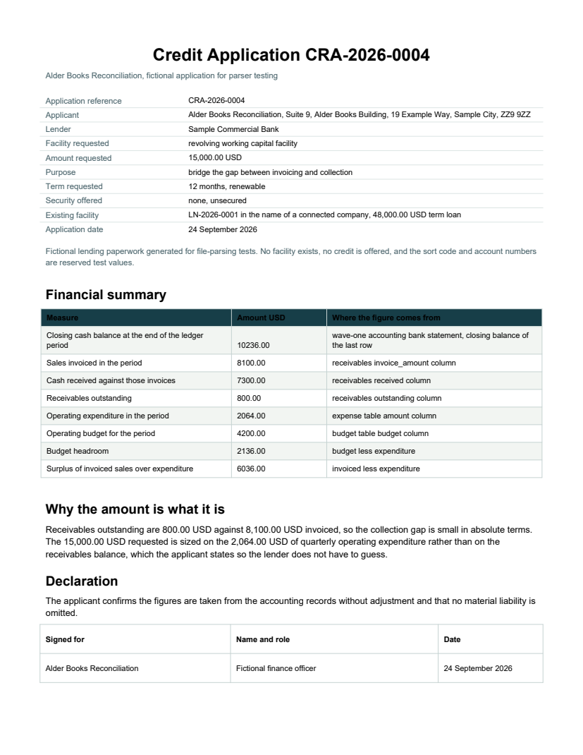 Rendered preview of Alder Books Reconciliation: Credit application (PDF)