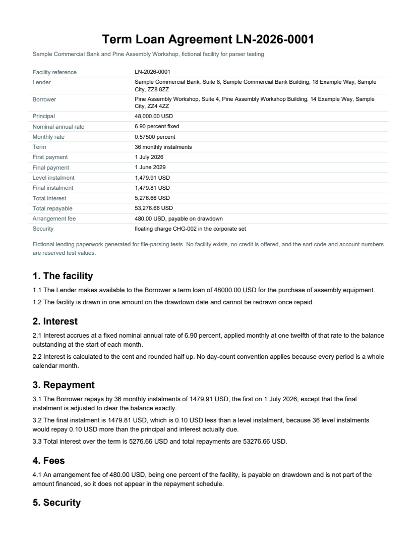 Rendered preview of Pine Assembly Workshop: Term loan agreement (PDF)