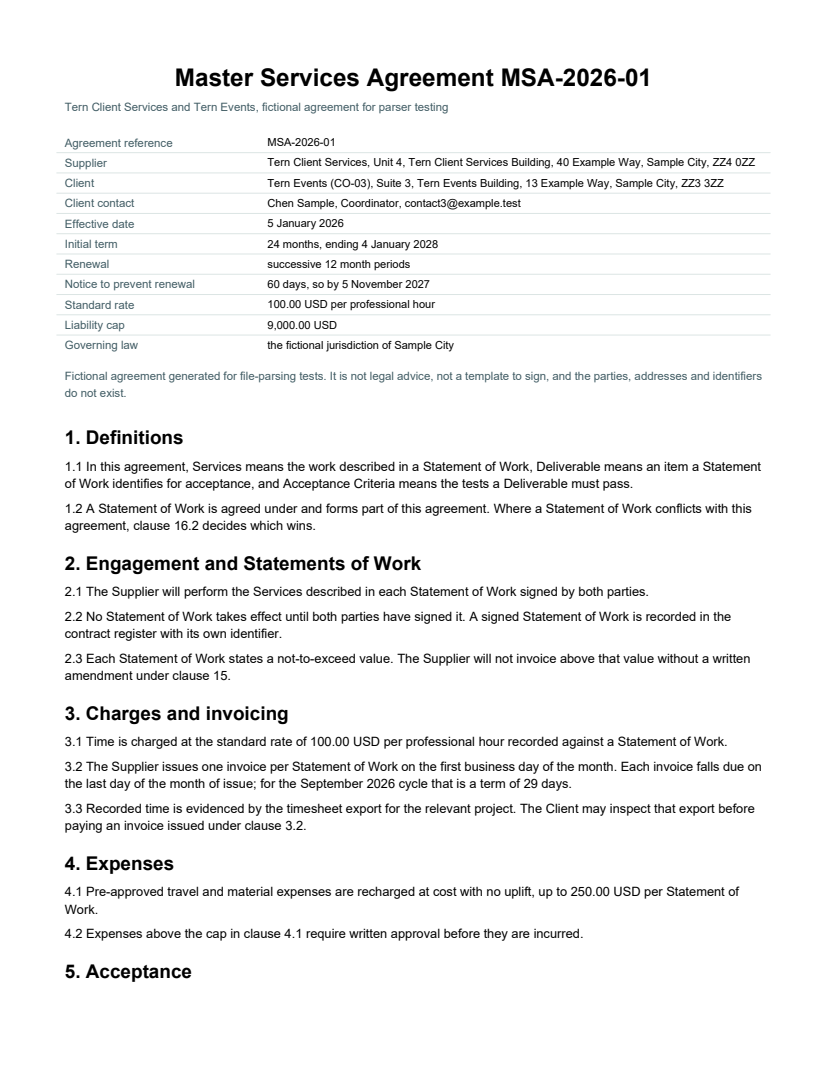 Rendered preview of Tern Client Services: Master services agreement (PDF)