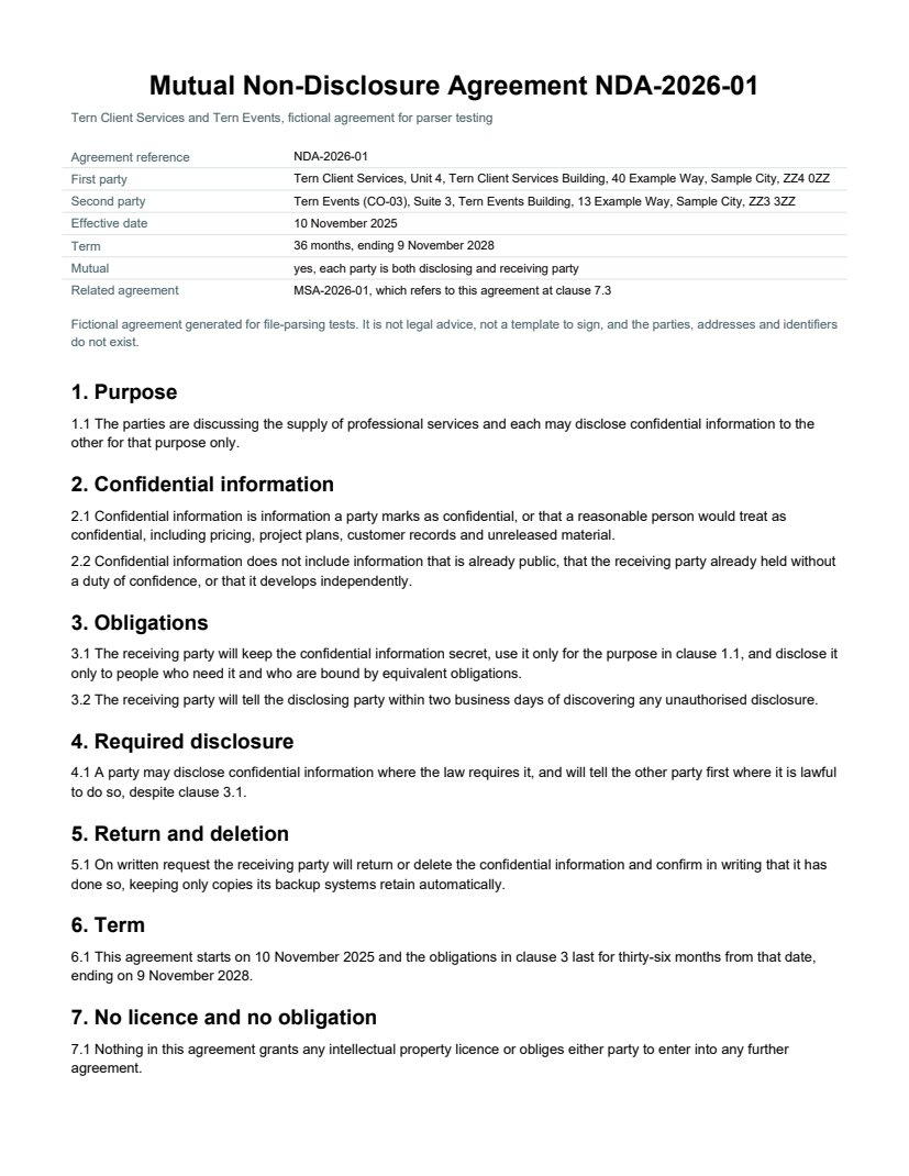 Rendered preview of Tern Client Services: Mutual non-disclosure agreement (PDF)