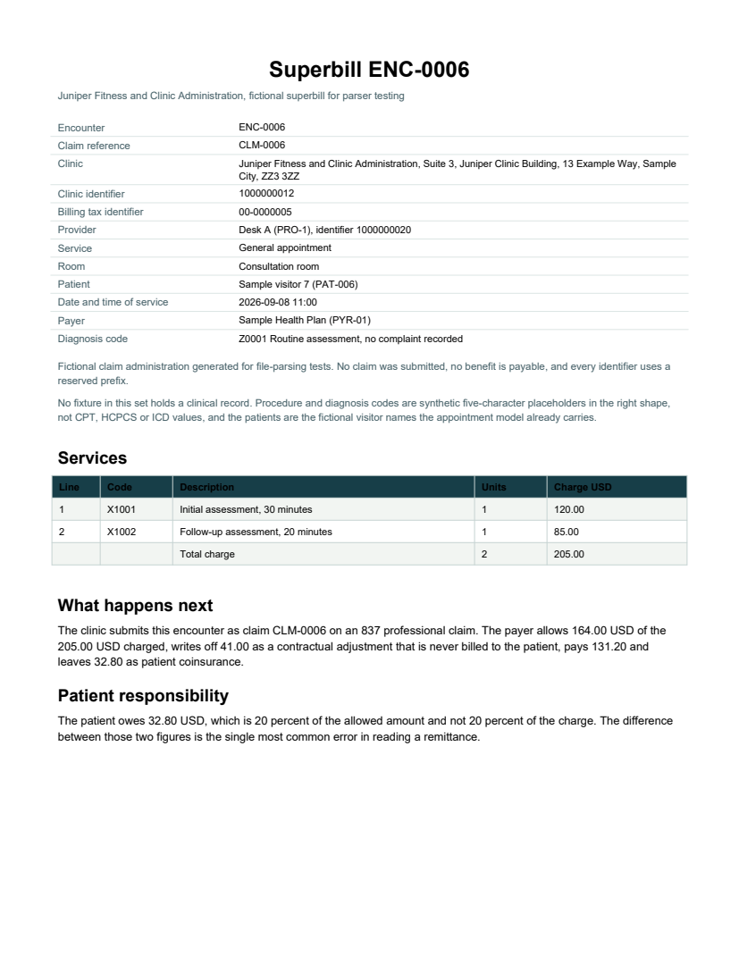 Rendered preview of Juniper Fitness and Clinic Administration: Superbill (PDF)