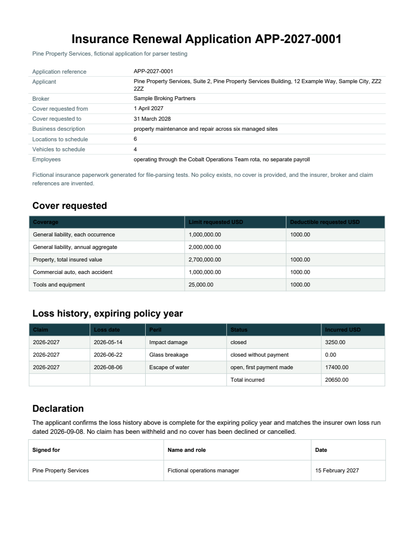 Rendered preview of Pine Property Services: Insurance renewal application (PDF)
