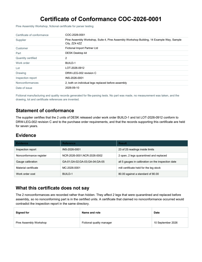 Rendered preview of Pine Assembly Workshop: Certificate of conformance (PDF)