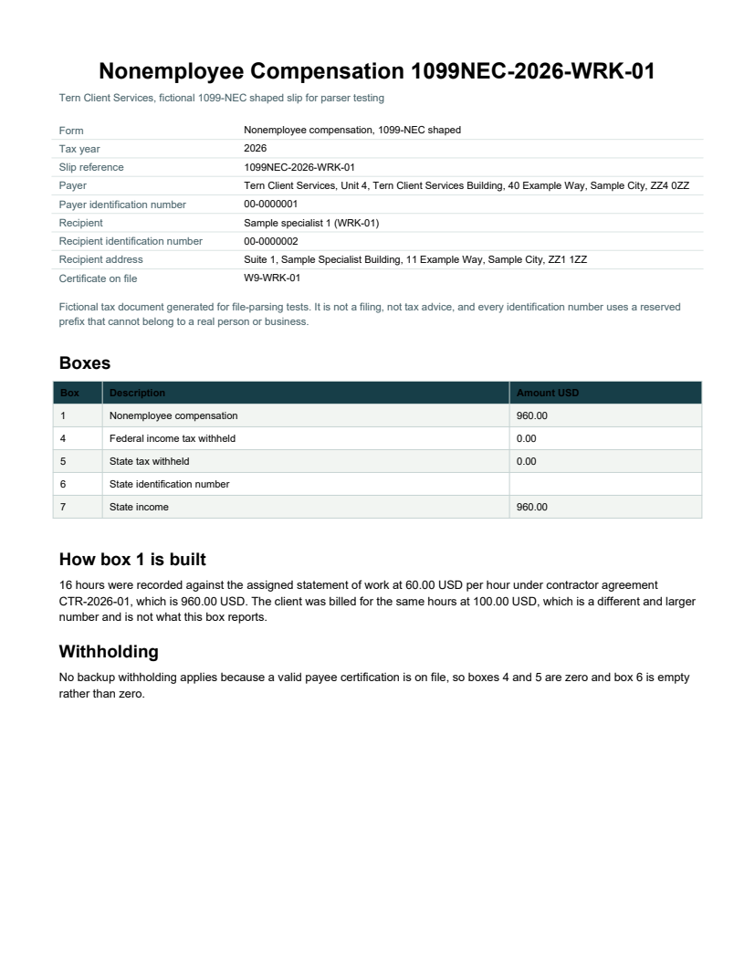 Rendered preview of Fieldnote Supply Shop: Information slip, 1099-NEC shaped, WRK-01