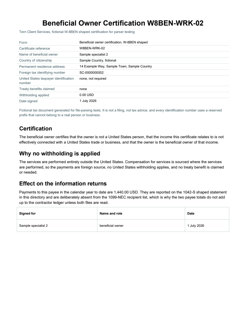 Rendered preview of W-8BEN shaped owner certification (PDF): Tern Client Services
