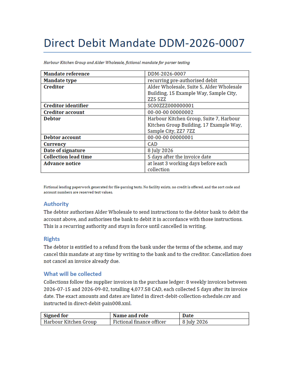 Rendered preview of Harbour Kitchen Group: Direct debit mandate (DOCX)