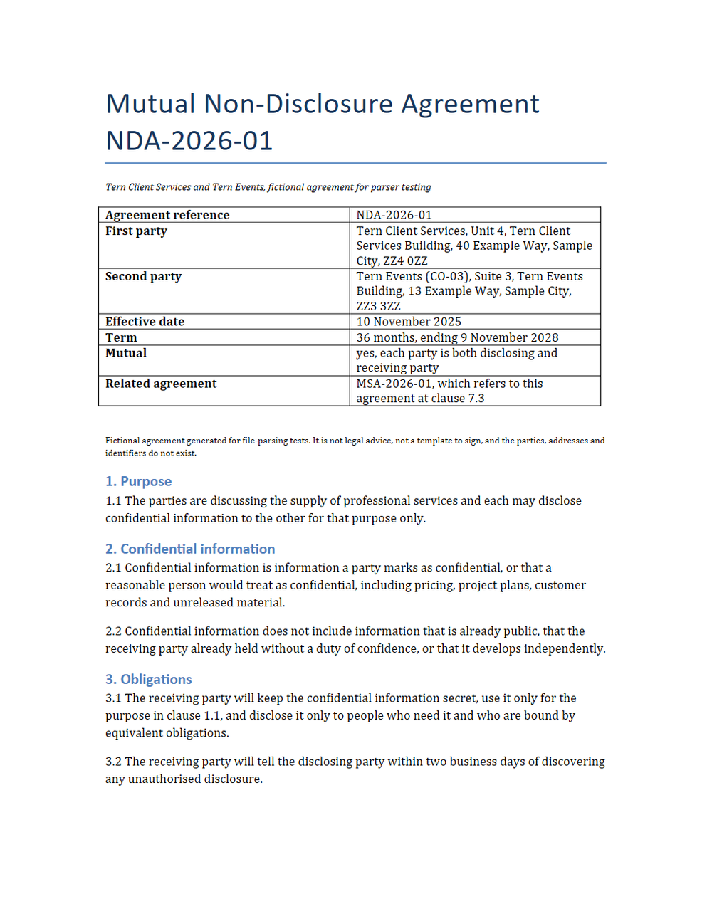 Rendered preview of Tern Client Services: Mutual non-disclosure agreement (DOCX)