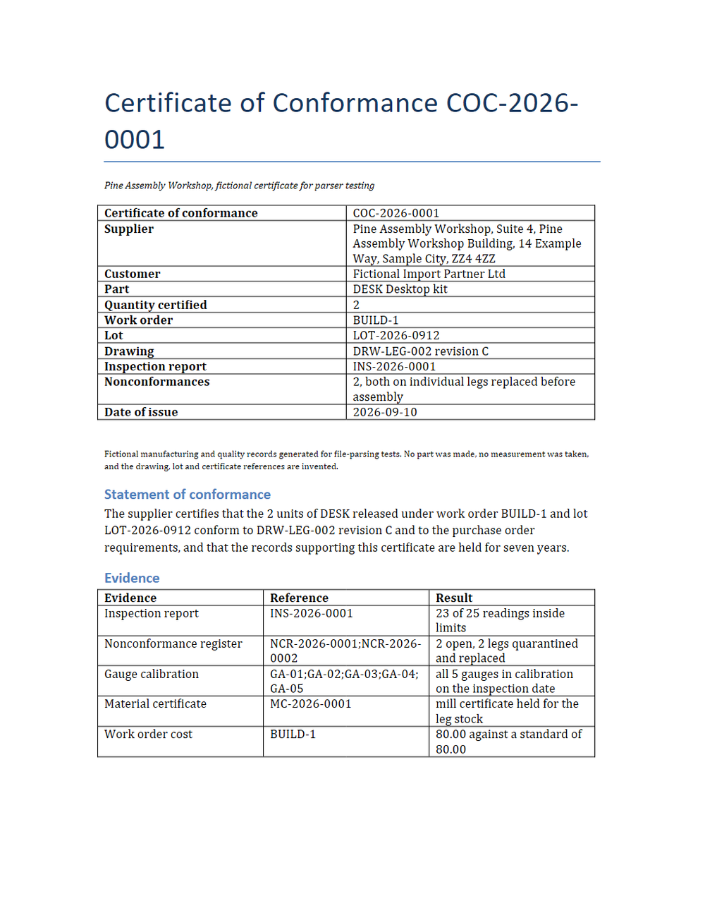 Rendered preview of Pine Assembly Workshop: Certificate of conformance (DOCX)