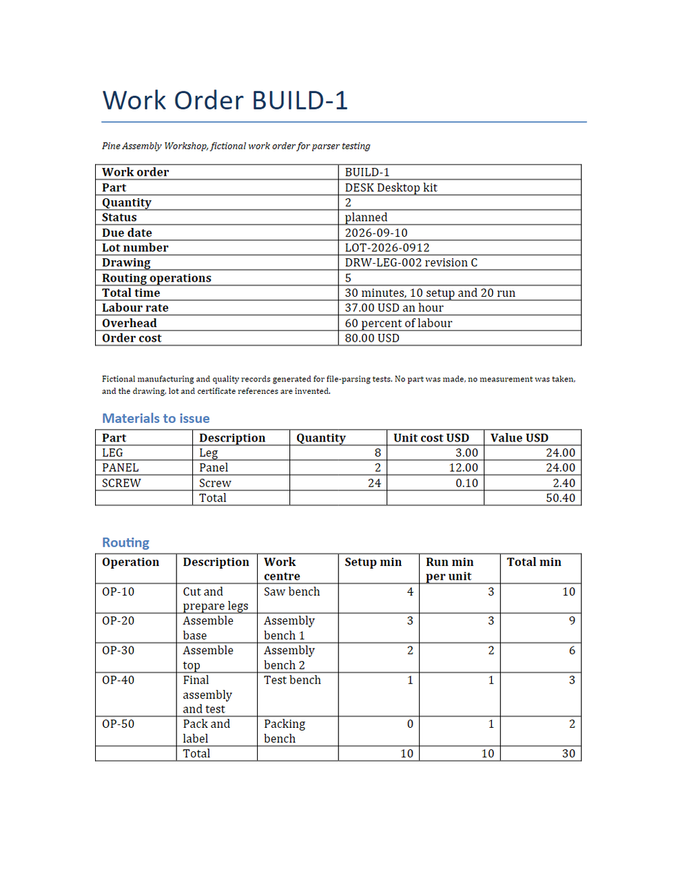 Rendered preview of Pine Assembly Workshop: Work order (DOCX)