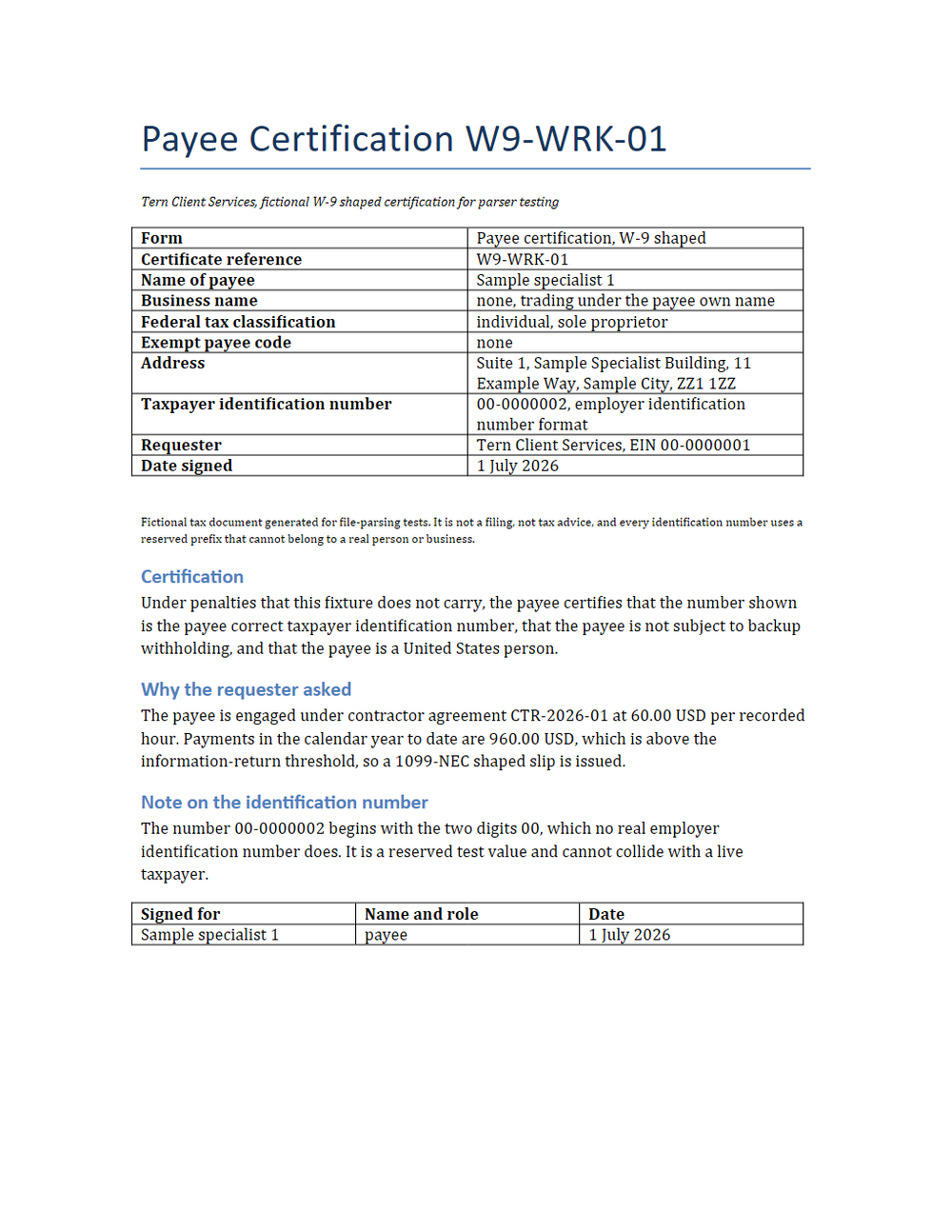 Rendered preview of Tern Client Services: Payee certification, W-9 shaped (DOCX)