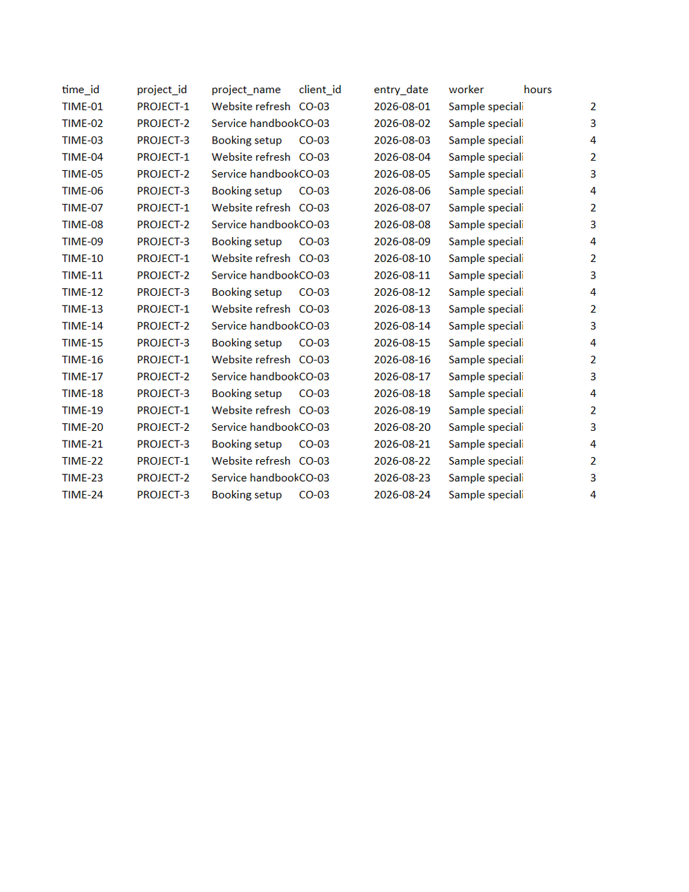 Rendered preview of Tern Client Services: Timesheet export workbook