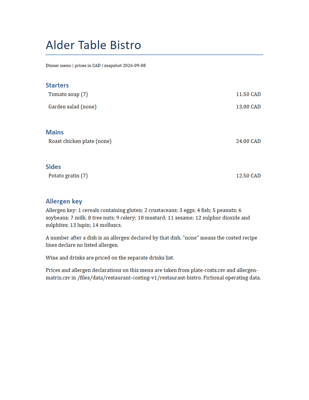 Rendered preview of Alder Table Bistro: Printed menu as a Word document