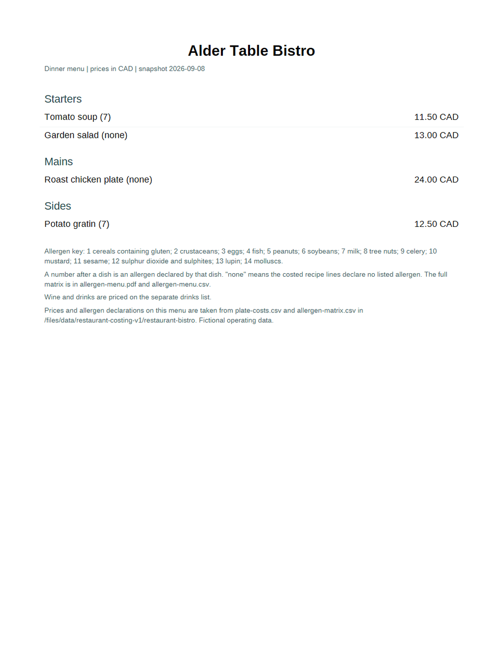 Rendered preview of Alder Table Bistro: Printed menu