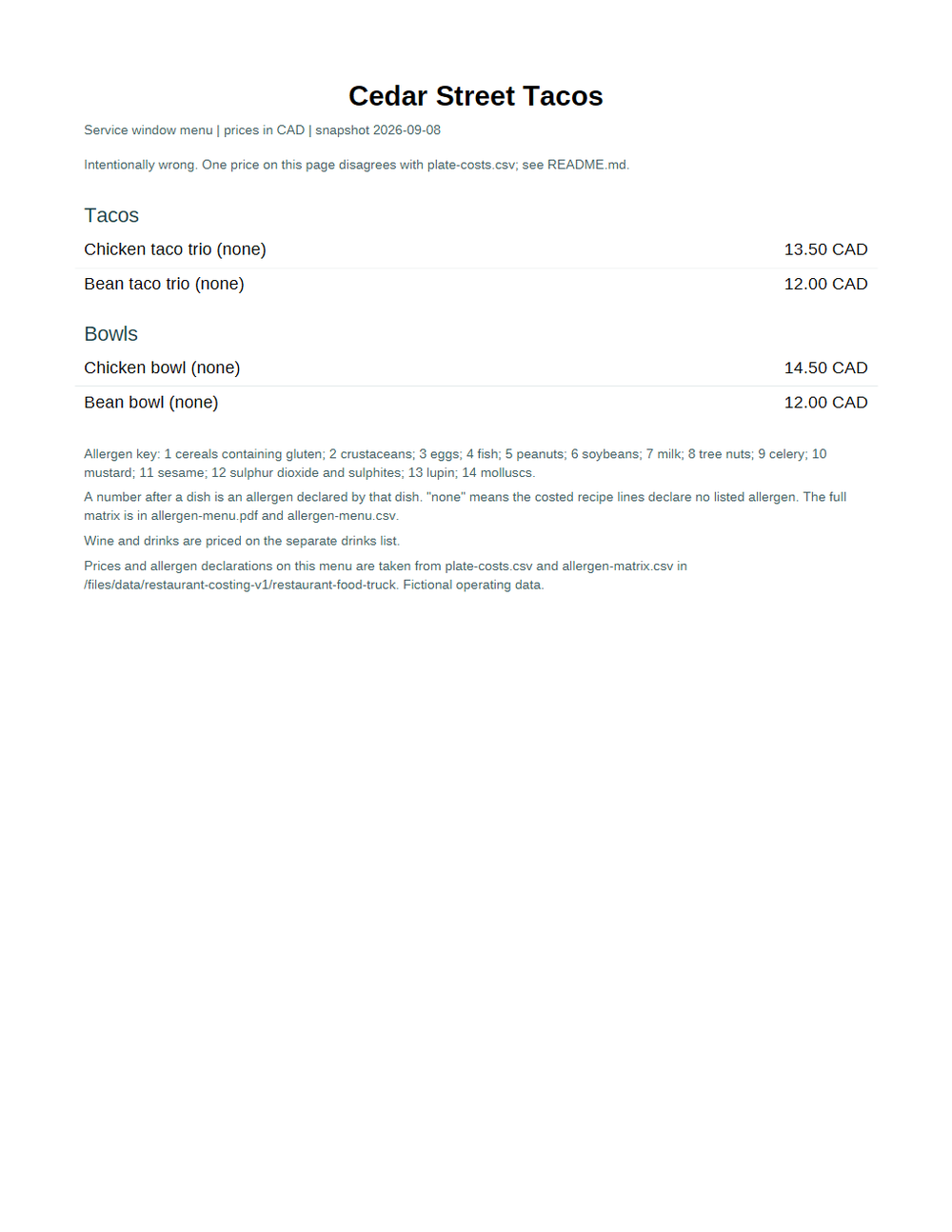 Rendered preview of Cedar Street Tacos: Printed menu with a price the costing denies