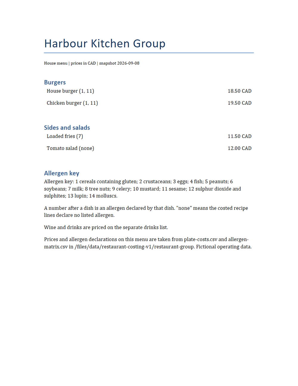 Rendered preview of Harbour Kitchen Group: Printed menu as a Word document