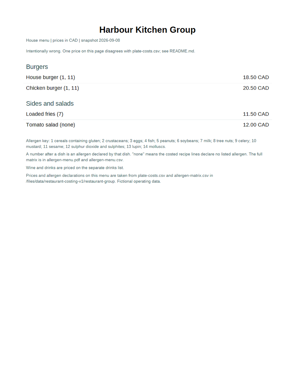 Rendered preview of Harbour Kitchen Group: Printed menu with a price the costing denies
