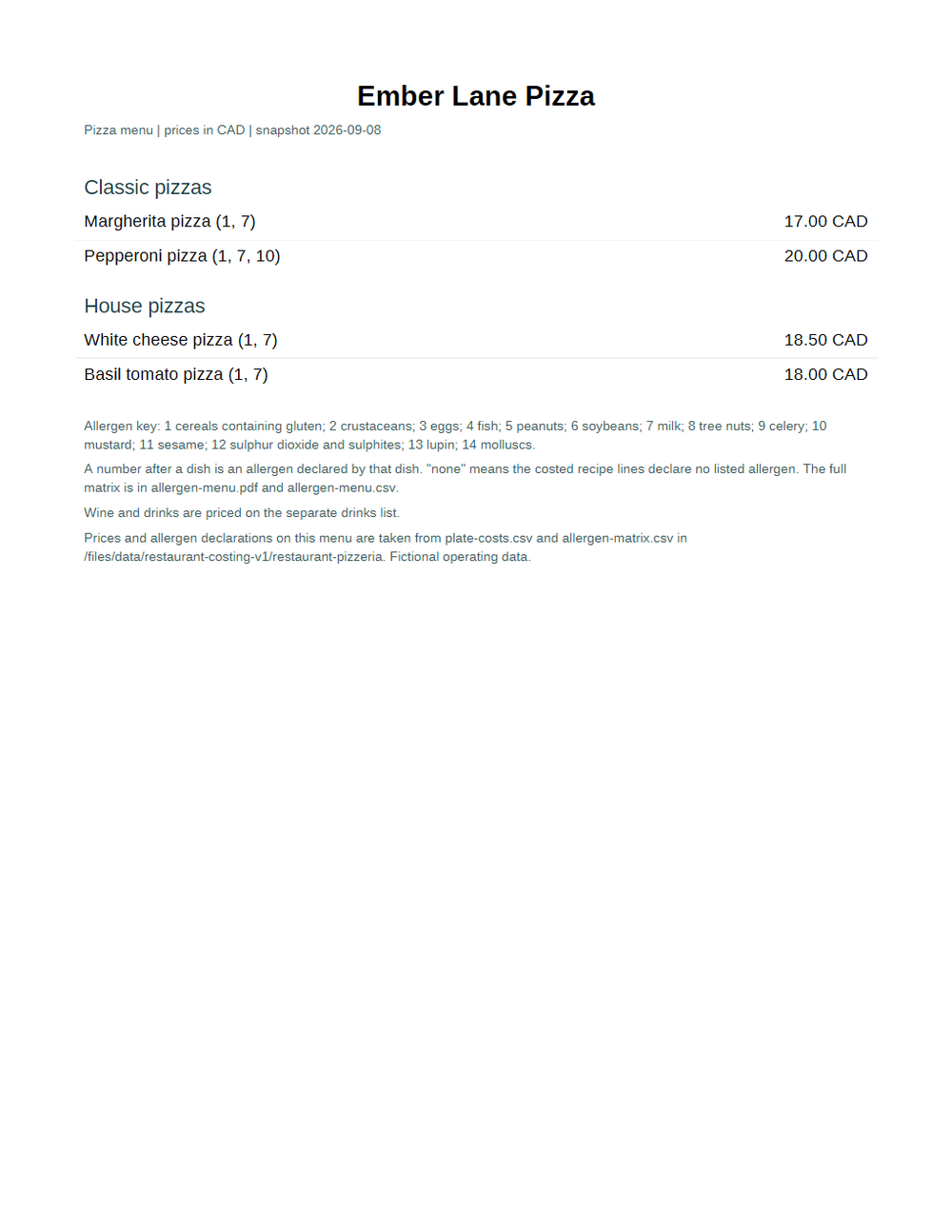Rendered preview of Ember Lane Pizza: Printed menu