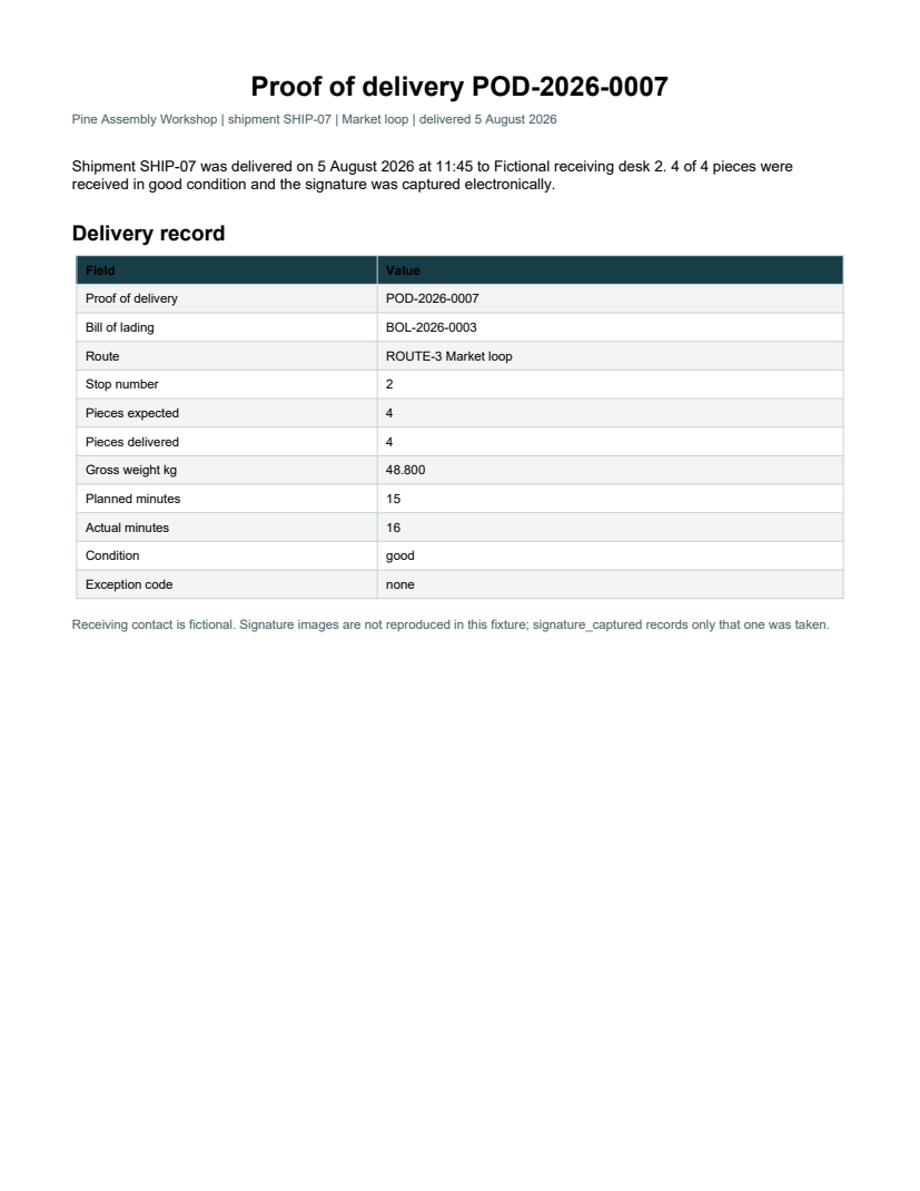Rendered preview of Pine Assembly Workshop: Proof of delivery PDF