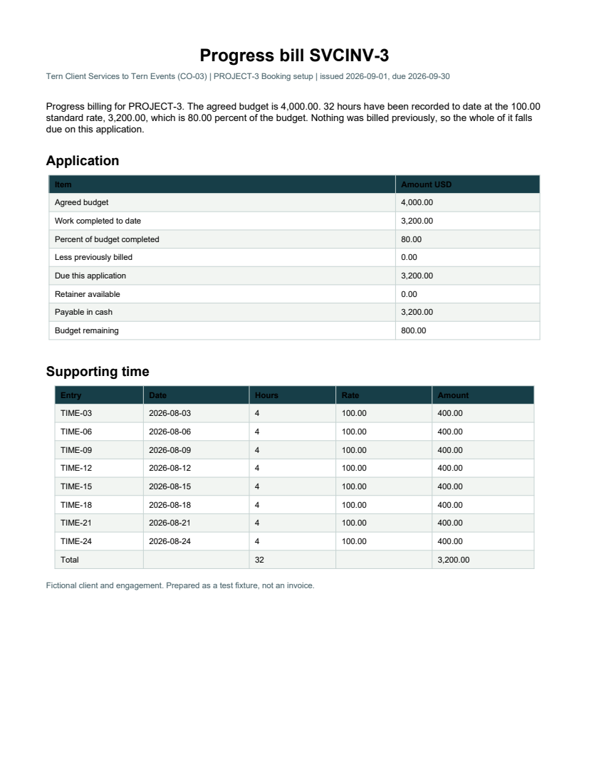Rendered preview of Tern Client Services: Progress bill PDF