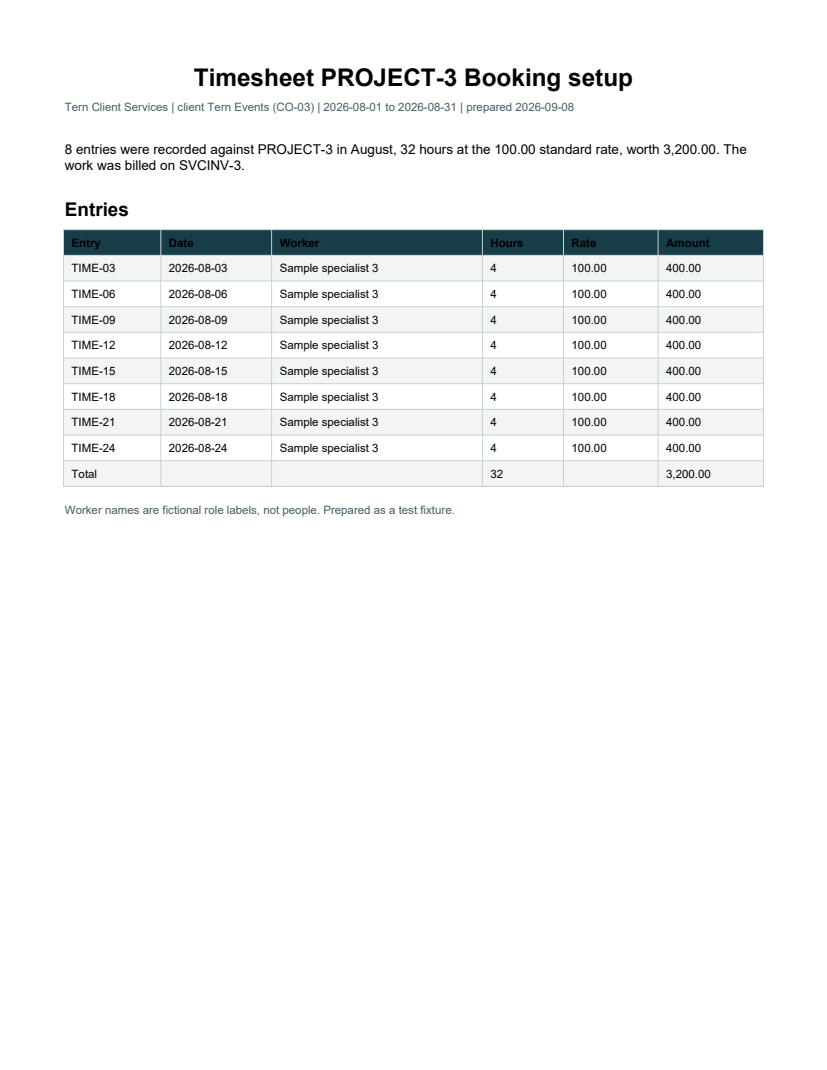 Rendered preview of Tern Client Services: Project timesheet PDF