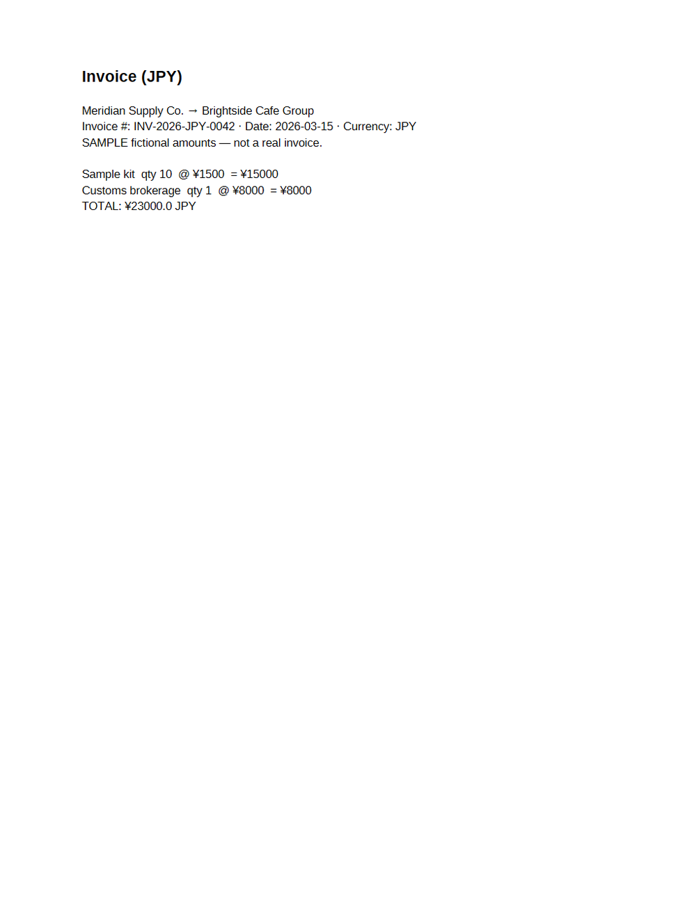 Rendered preview of Multi-Currency Invoice (JPY, PDF, SAMPLE)