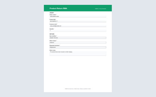 Preview of Product Return RMA AcroForm (SAMPLE)