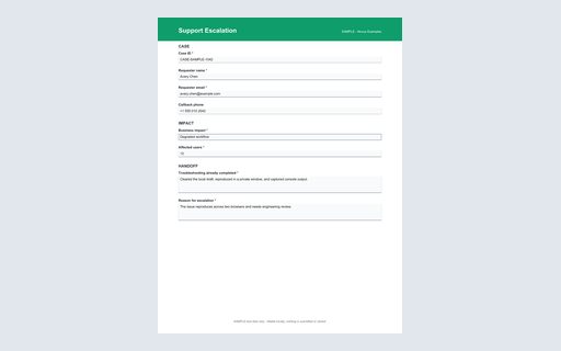 Preview of Support Escalation AcroForm (SAMPLE)
