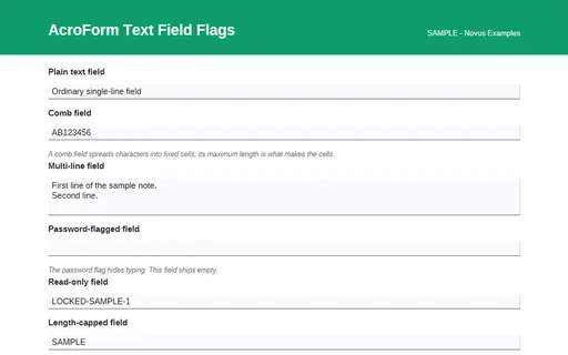 Preview of AcroForm Text Field Flags (SAMPLE AcroForm)