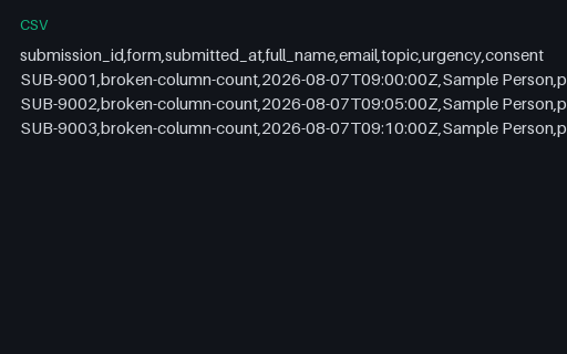 Preview of Column Count Mismatch (intentionally corrupt CSV)