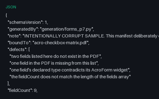 Preview of Mismatched Field Manifest (intentionally corrupt JSON)