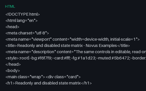 Preview of Readonly and Disabled State Matrix (HTML)
