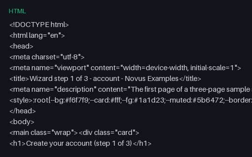 Preview of Wizard Step 1 of 3: Account (HTML)