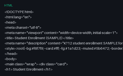 Preview of Student Enrollment Form (HTML)