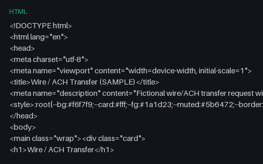 Preview of Wire / ACH Transfer Form (HTML)