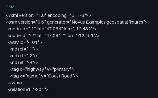 Preview of OSM XML — Intentionally Invalid: Way and Relation With Dangling References