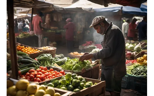 A market stall vendor arranging fresh vegetables on his stall, outdoor daylight, crates and price cards, documentary