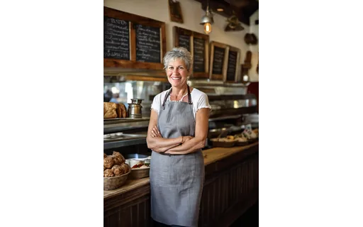 A smiling woman with short grey hair in a grey apron, arms folded, standing at a bistro counter below chalkboard menus with bread baskets behind her