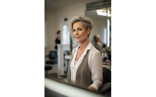 A hairdresser in her forties in a bright salon, mirrors and styling chairs behind her, professional and relaxed, looking at camera
