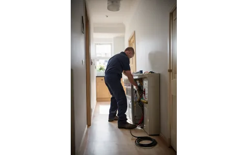 An electrician in work clothes checking a consumer unit in a domestic hallway, tool bag open on the floor, natural light