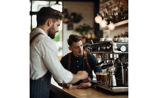 Preview of Young man barista signing to a (WebP q85)