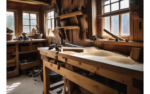 Preview of A cluttered joinery workshop (JPEG q75)