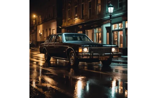 Preview of Dark saloon car on a wet city (WebP q85)
