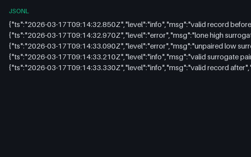 Preview of Structured Log — Lone Surrogate Escapes, Intentionally Invalid (jsonl)