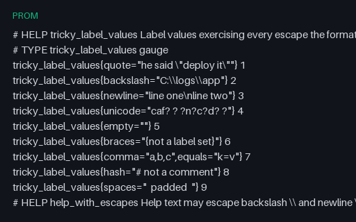 Preview of Prometheus Exposition — Label Value Escaping Edge Cases (prom)