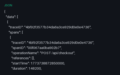 Preview of Jaeger JSON Trace — Same 13-Span Checkout (json)