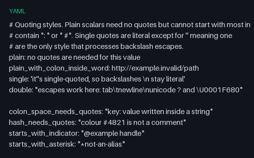 Preview of YAML Quoting Styles and Escapes