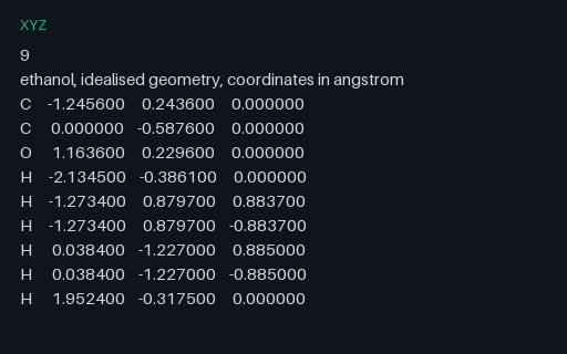 Preview of Ethanol — XYZ Cartesian Coordinates (.xyz)