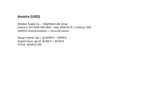 Preview of Multi-Currency Invoice (USD, PDF, SAMPLE)