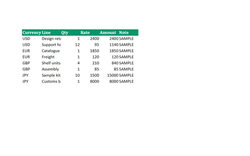 Preview of Multi-Currency Invoice Ledger (XLSX, SAMPLE)